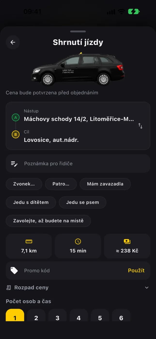 LamaTaxi — shrnutí jízdy